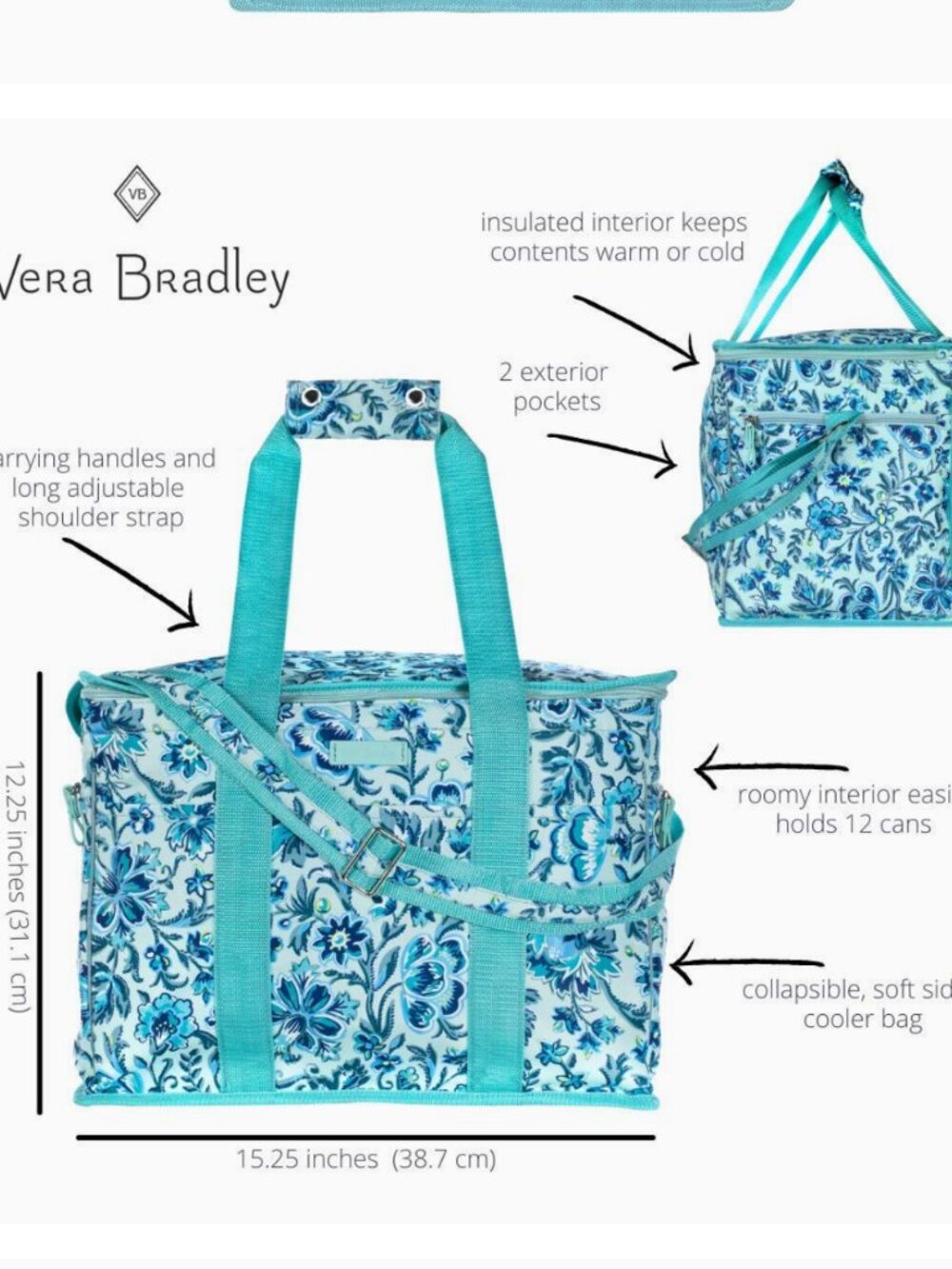 Vera Bradley XL Cooler Beach Bag Tote Insulated Dual Handles Pockets Bottom Feet